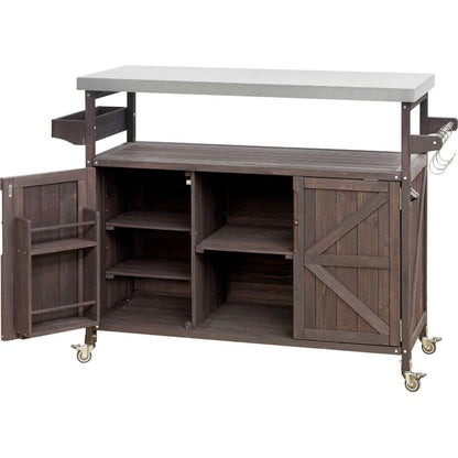 Outdoor Kitchen Island, Rolling Bar Cart & Storage Cabinet, Farmhouse Solid Wood Outdoor Grill Table with Stainless Steel Top, Spice Rack, Towel Rack for Kitchen & Barbecue, Dark Brown