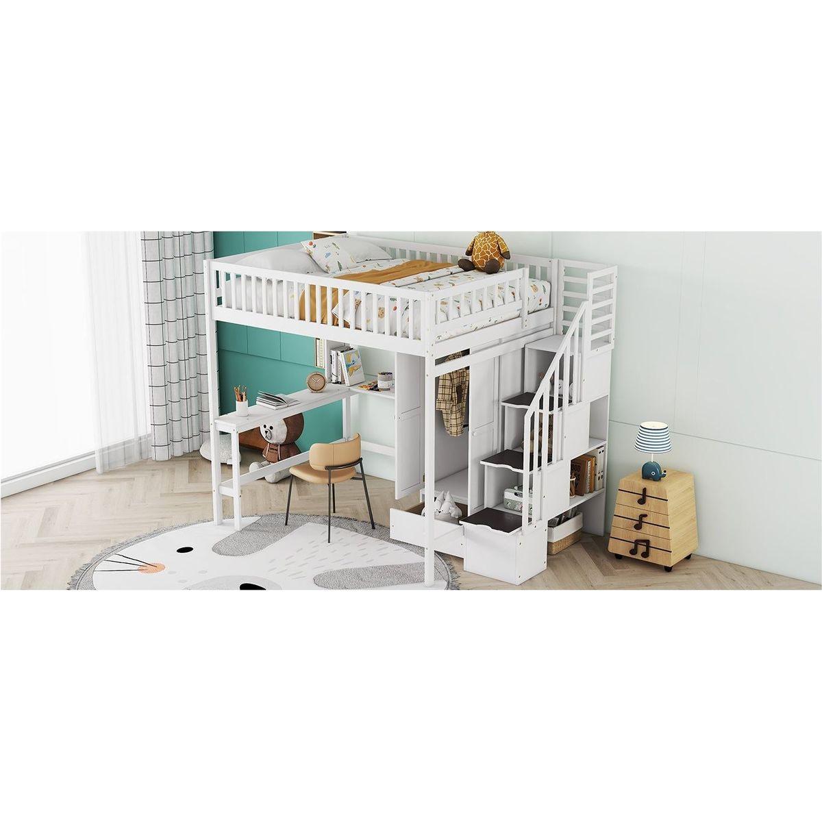 Full size Loft Bed with Bookshelf,Drawers,Desk,and Wardrobe-White