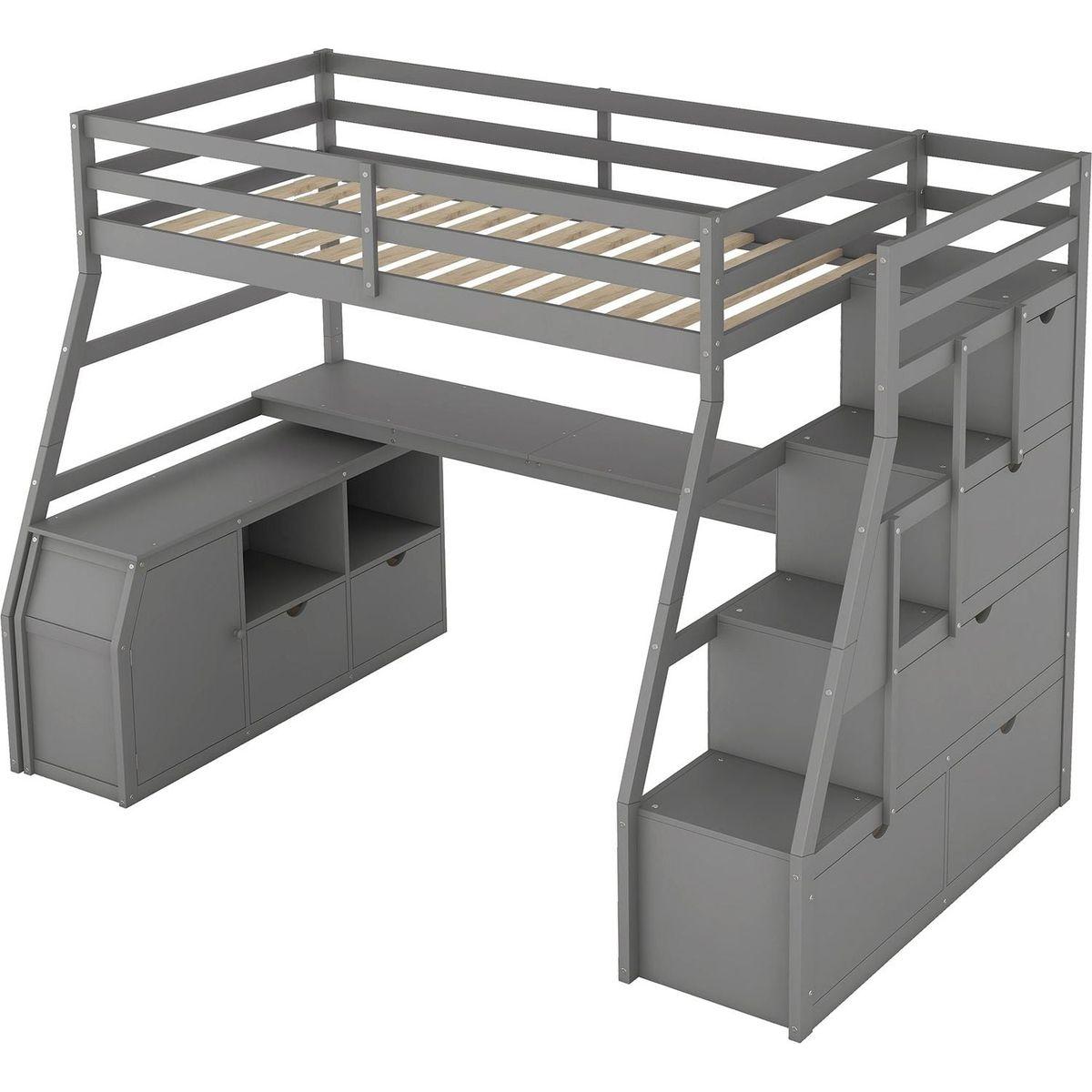 Twin Size Loft Bed with 7 Drawers 2 Shelves and Desk - Gray
