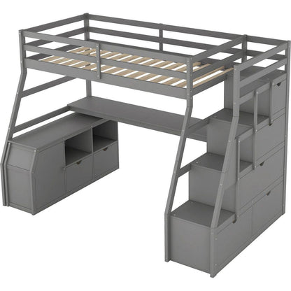Twin Size Loft Bed with 7 Drawers 2 Shelves and Desk - Gray