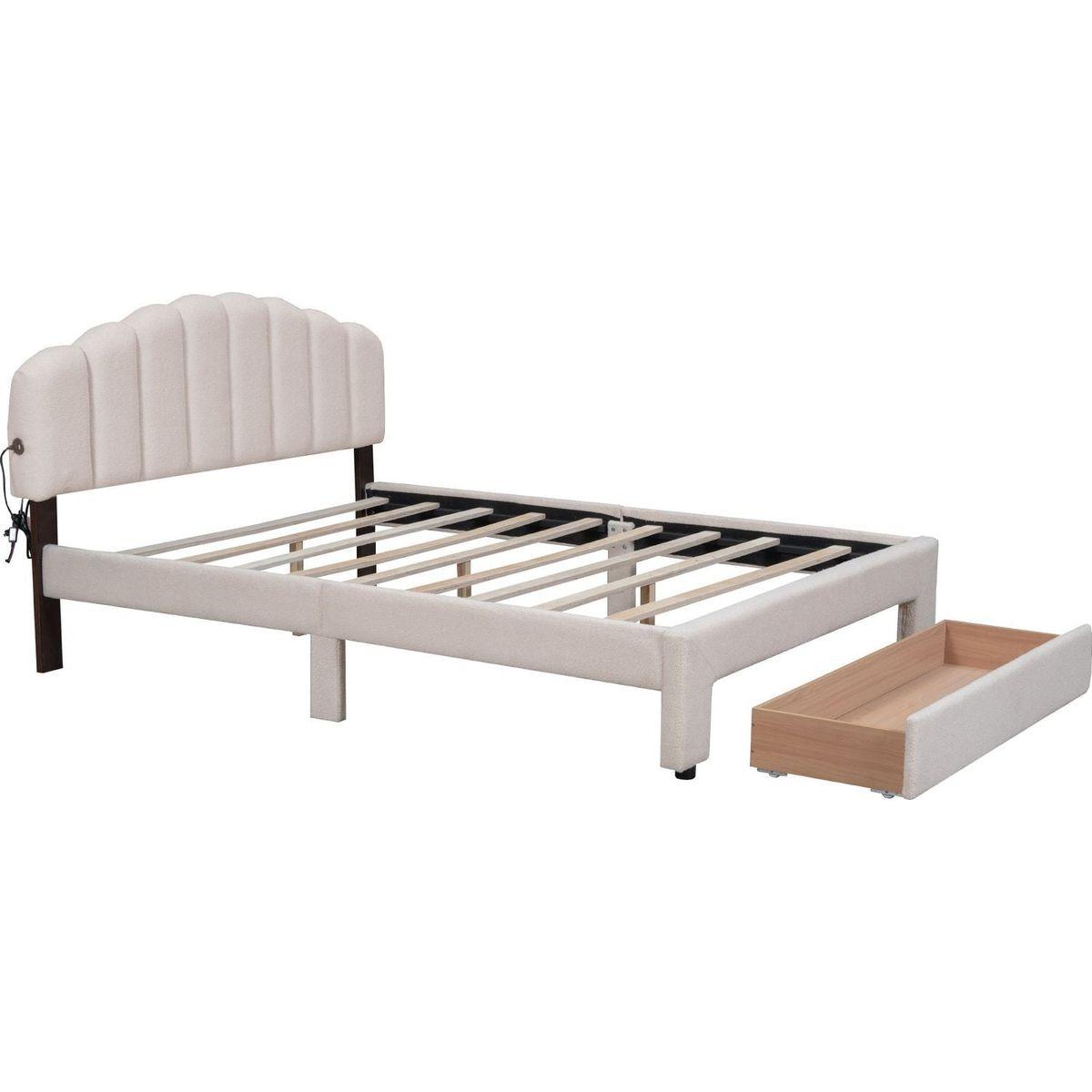 Teddy Fleece Queen Size Upholstered Platform Bed with Drawer, Beige
