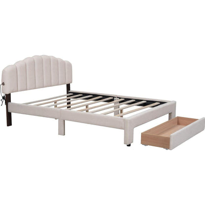 Teddy Fleece Queen Size Upholstered Platform Bed with Drawer, Beige