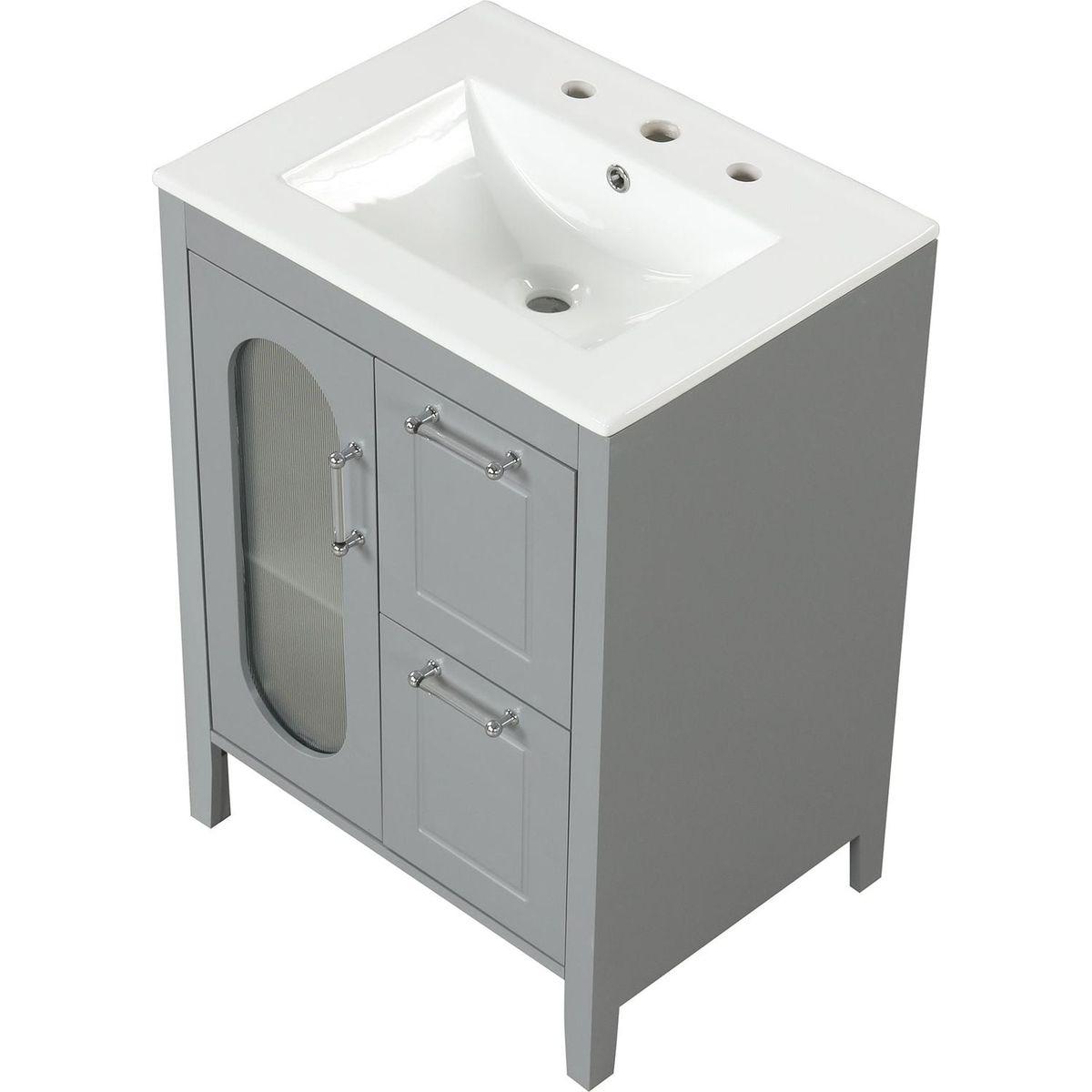 24" Bathroom Vanity with Sink, Bathroom Vanity Cabinet with Two Drawers and Door, Adjustable Shelf, Solid Wood and MDF, Grey