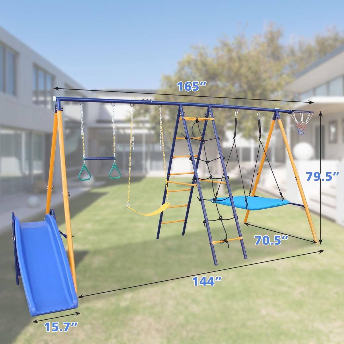 500 lbs 7 in 1 Swing Set for Kids Backyard Outdoor A-Frame Heavy-Duty Metal Swing Sets with Slide, 2 Swing Seats, 1 Climbing Net & Ladder, 1 Gym Ring, 1 Basket