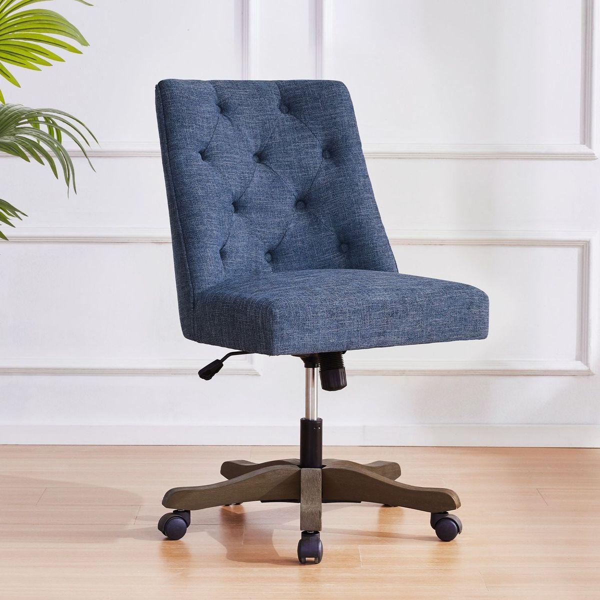 Upholstered Swivel Desk Chair, Armless Home Office Chair, Chenille Fabric Adjustable Height Computer Chair with Wheels for Study ,Blue