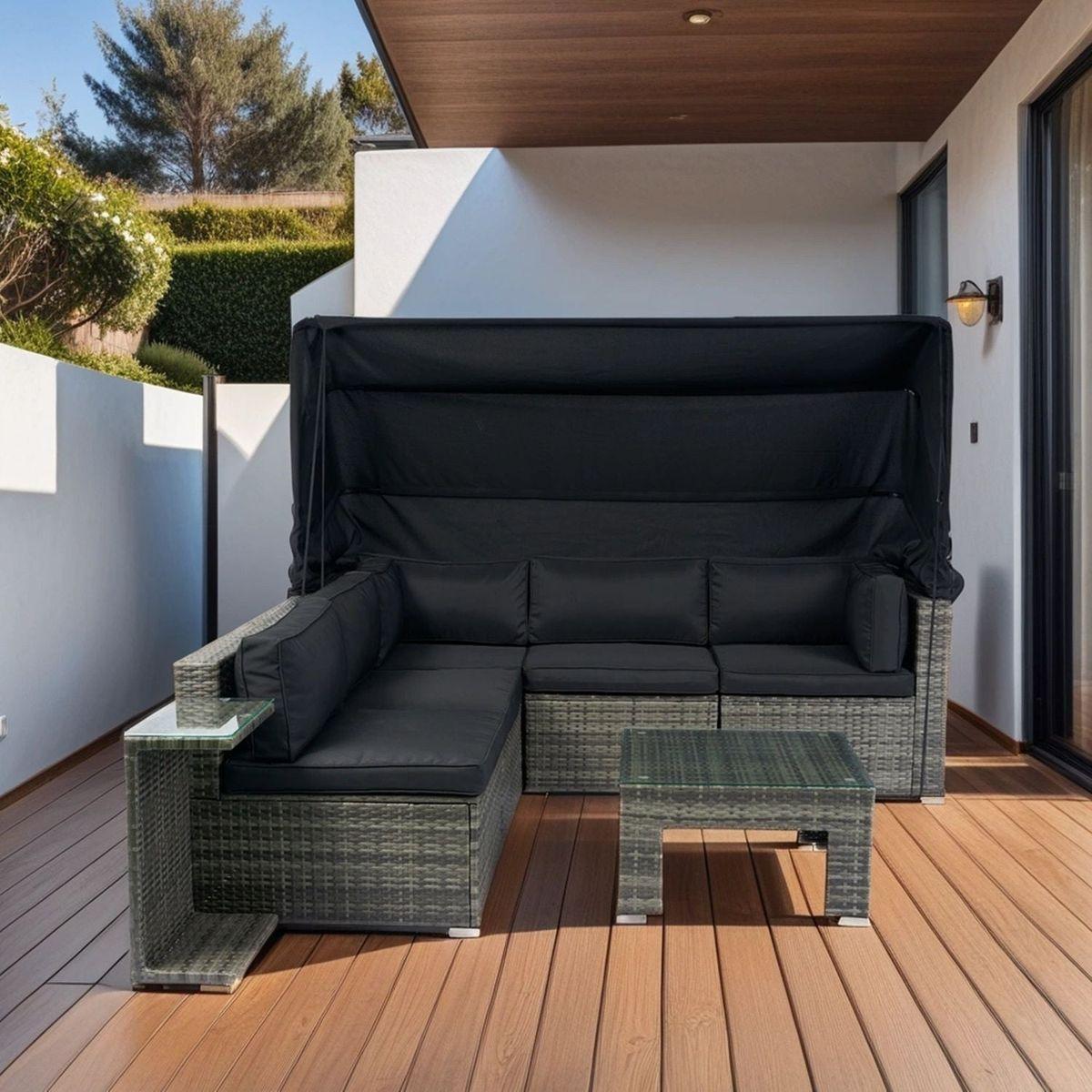 7-Piece Patio Furniture Set w/Retractable Canopy Wicker Rattan Sectional Sofa Set Patio Furniture with Washable Cushions for Lawn, Garden, Backyard, Poolside Grey wicker + Black Cushion