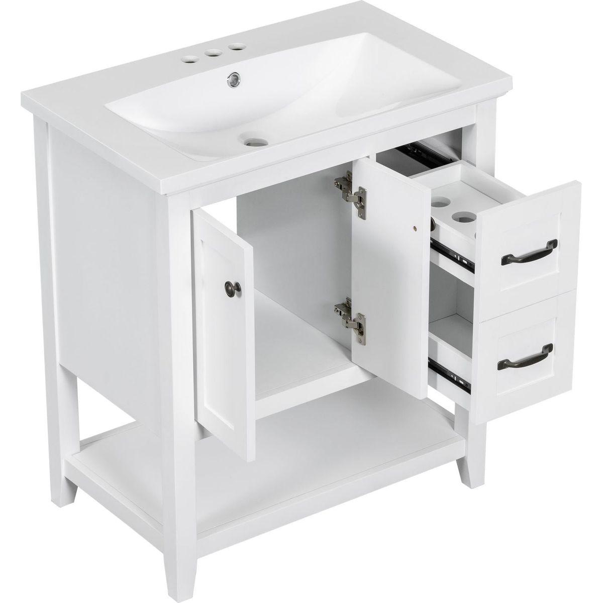 30" Bathroom Vanity with Ceramic Sink Top, Vanity Cabinet with Multi-Functional Drawer, Solid Wood Legs, White