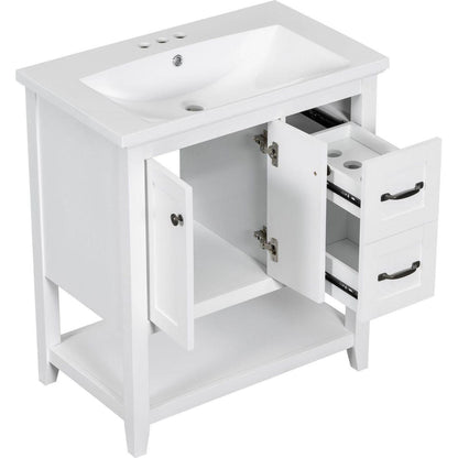 30" Bathroom Vanity with Ceramic Sink Top, Vanity Cabinet with Multi-Functional Drawer, Solid Wood Legs, White