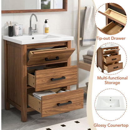 24" Bathroom Vanity with Ceramic Basin Sink, Modern Bathroom Storage Cabinet with 3 Drawers, Freestanding Bathroom Vanity Cabinet with Single Sink