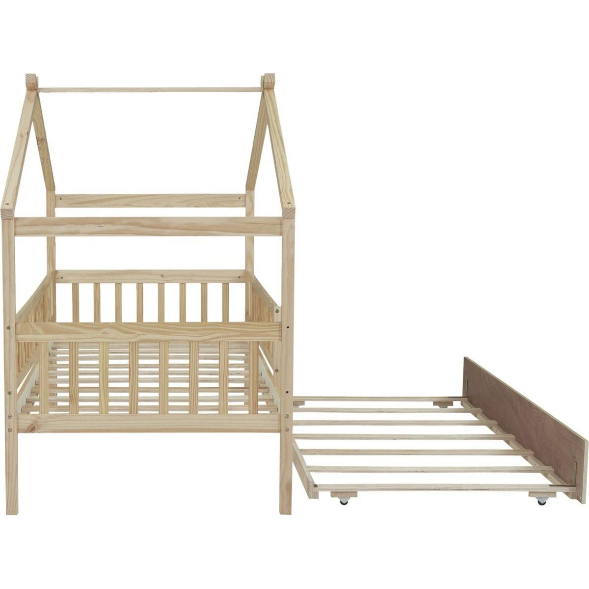 Twin Size Wooden House Bed with Twin Size Trundle, Natural