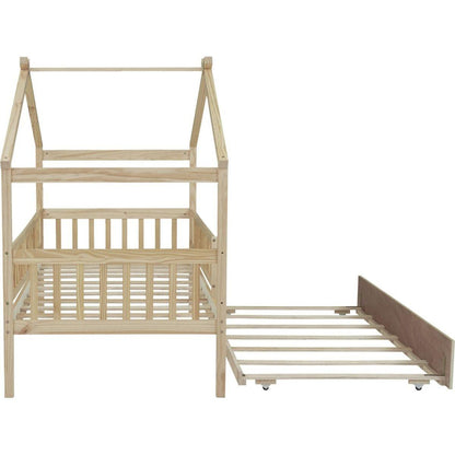 Twin Size Wooden House Bed with Twin Size Trundle, Natural