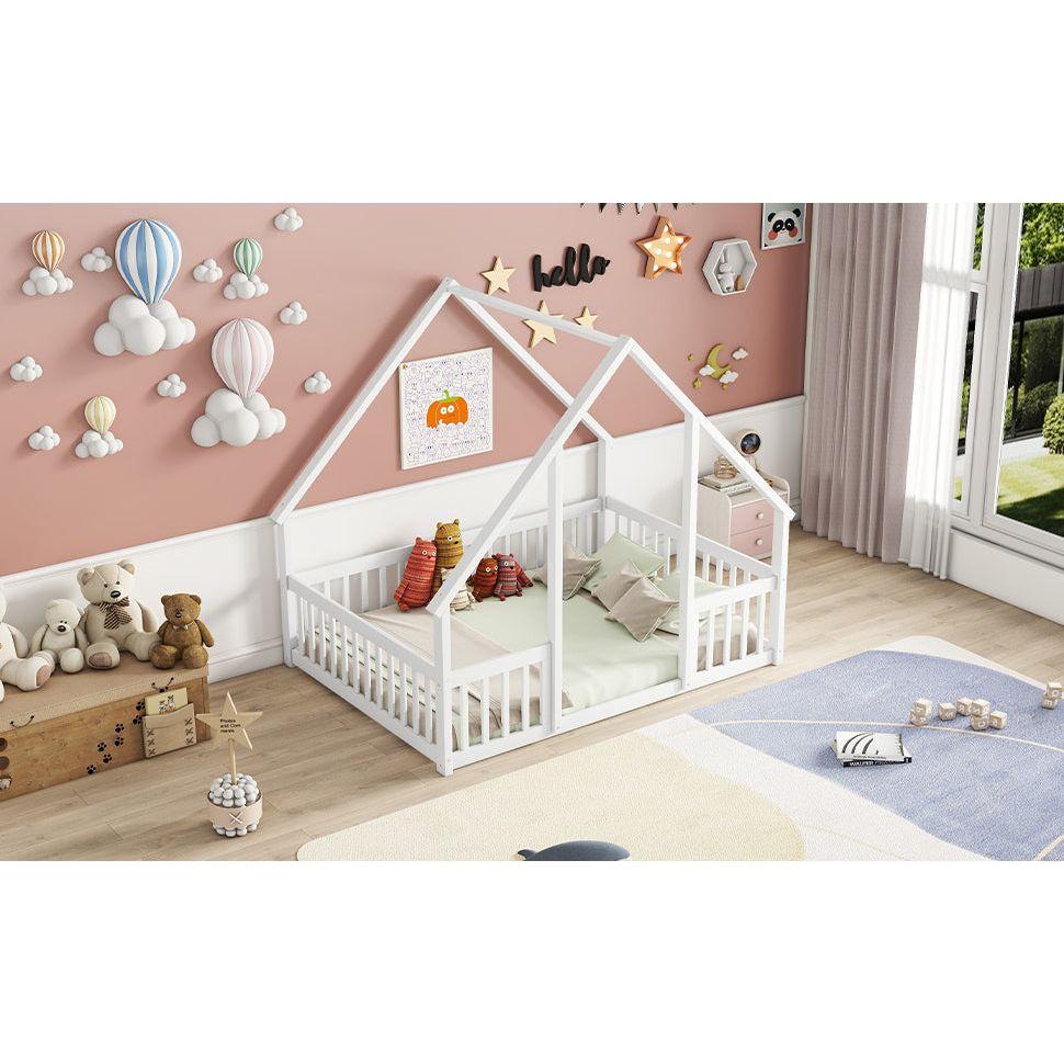 Full Wood House-Shaped Floor Bed with Fence, Guardrails,White