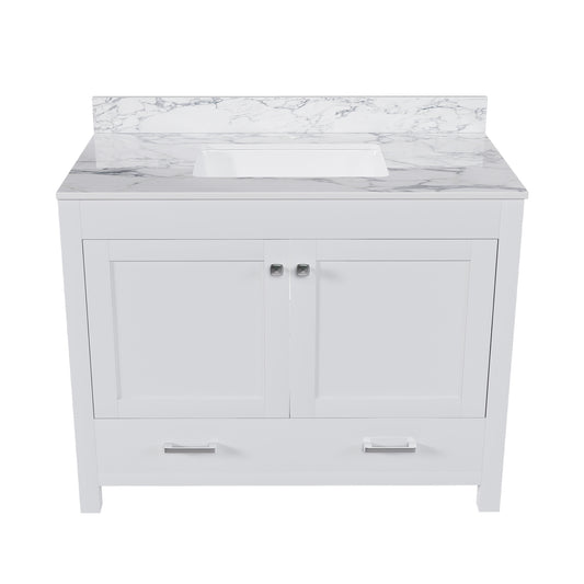 Modern 43' Bathroom Vanity with Sintered Stone Carrara White Top, Multi-functional Cabinet with Solid Frame and MDF Board