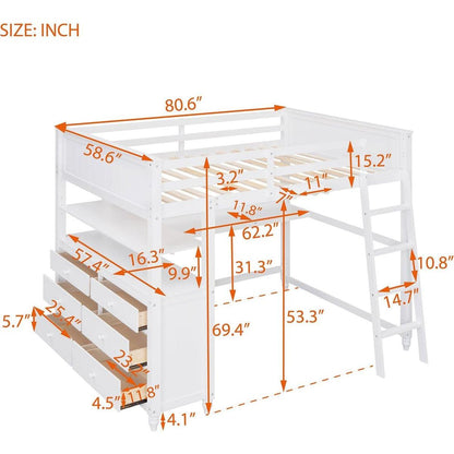Full size Loft Bed with Drawers and Desk, Wooden Loft Bed with Shelves - White