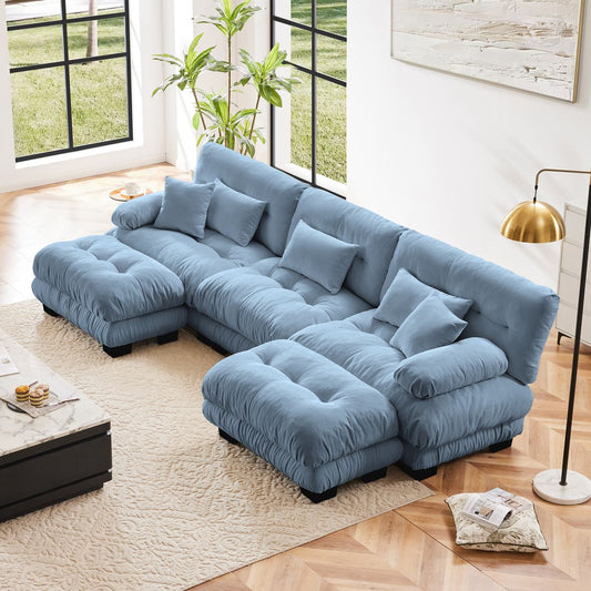 Luxury Modular Sectional Sofa Couch - Oversized U Shaped Cloud Couch for Living Room,Deep Seat Sofa Couch with 2 Ottomans ,Chenille Blue