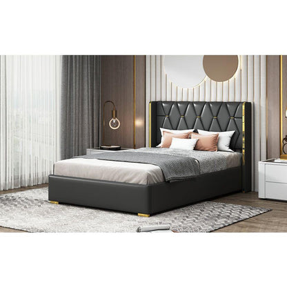 Full Size Upholstered Platform Bed with Metal Strips, Black