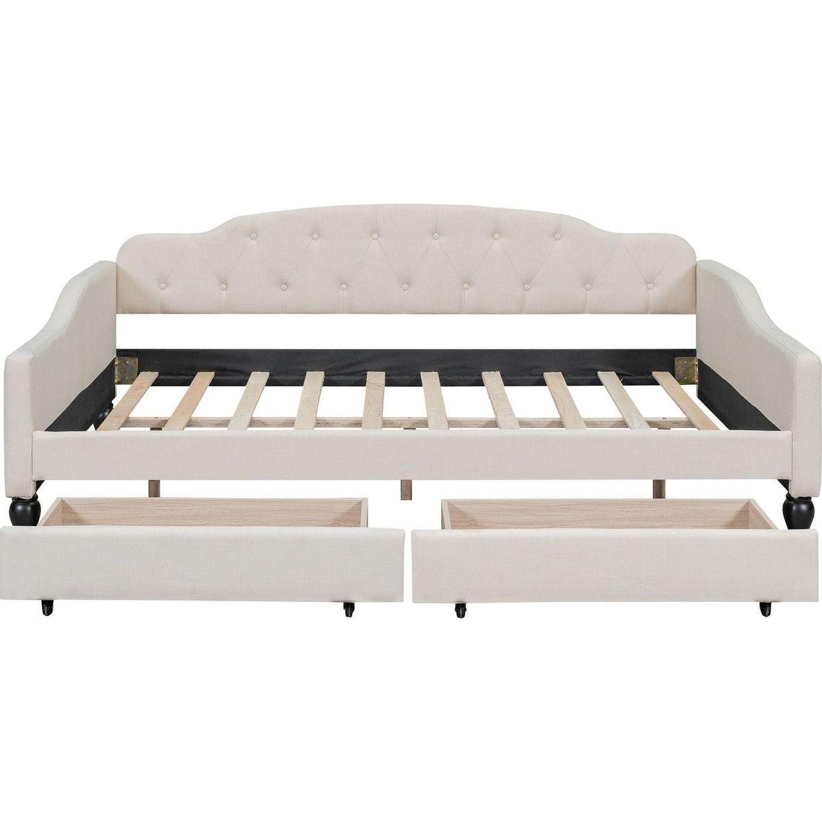 Full Size Upholstered Tufted Daybed with Two Drawers, Beige
