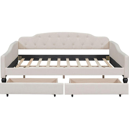 Full Size Upholstered Tufted Daybed with Two Drawers, Beige