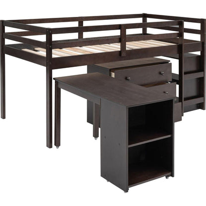 Low Study Twin Loft Bed with Cabinet and Rolling Portable Desk - Espresso