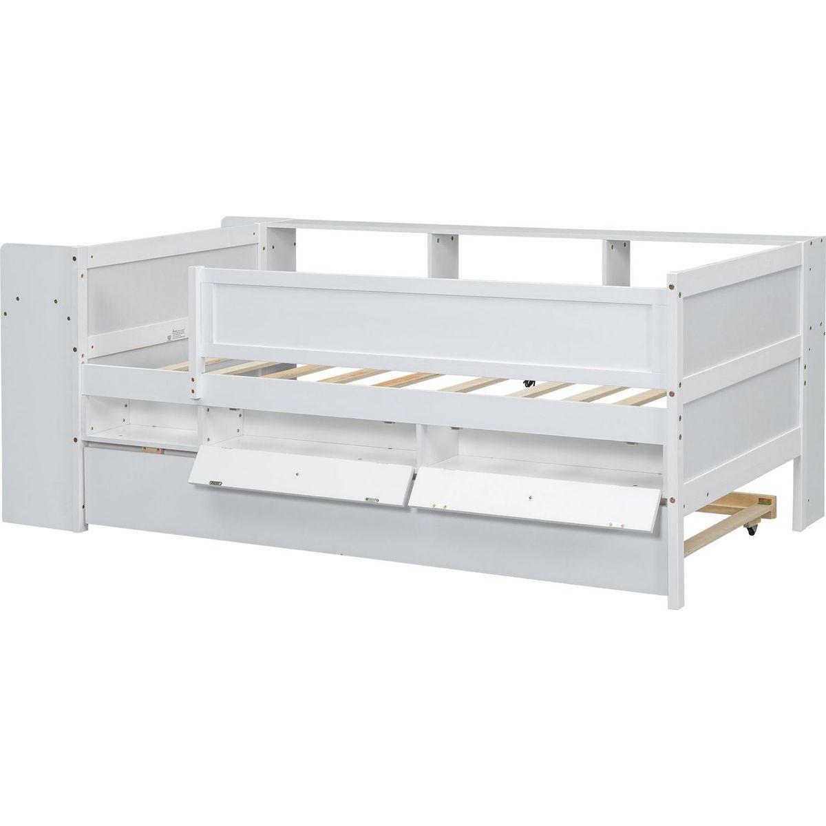 Multi-Functional Twin Daybed with Drawers and Trundle, Headboard Storage and Tables, USB Charging Station, White