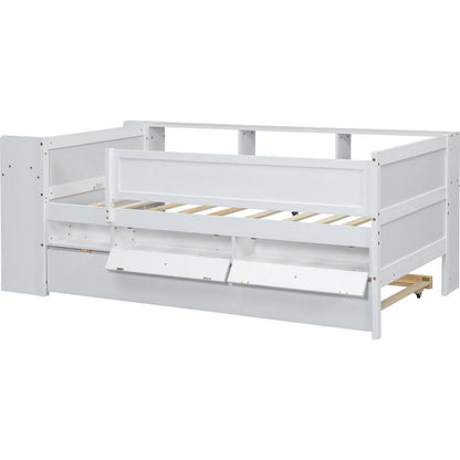 Multi-Functional Twin Daybed with Drawers and Trundle, Headboard Storage and Tables, USB Charging Station, White