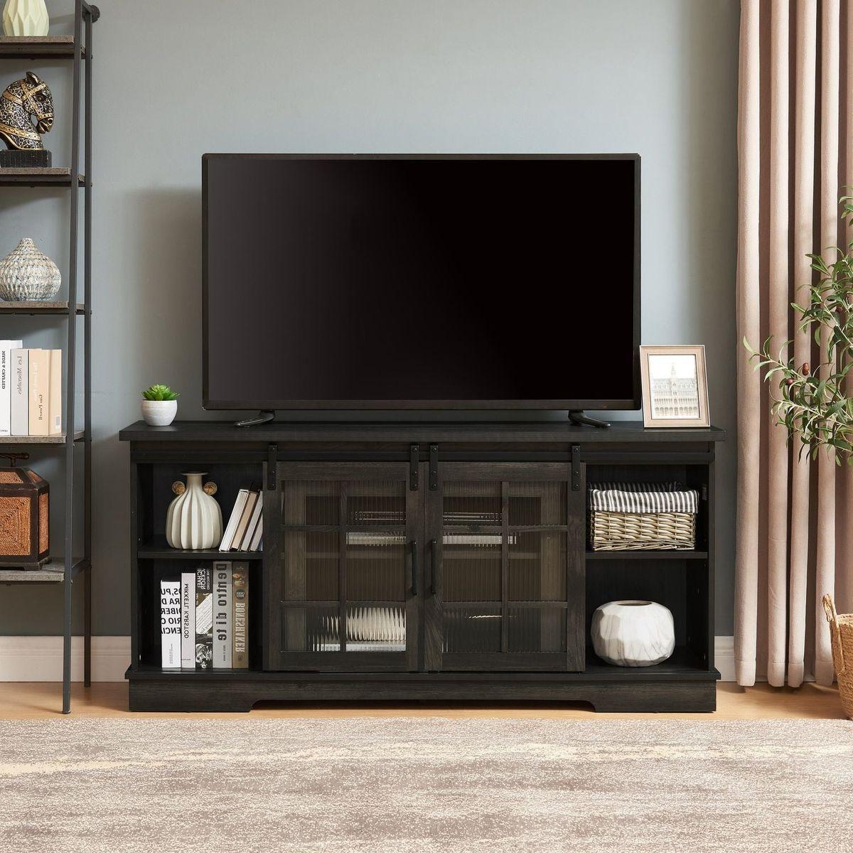 Multipurpose Sliding Door TV Stand Large Storage Cabinet with 2 Sliding Fluted Glass Tempered Doors, TV Up to 65", TV Desk Storage Rack, Charcoal GREY, 59.13"Wx15.94"Dx27.8"H