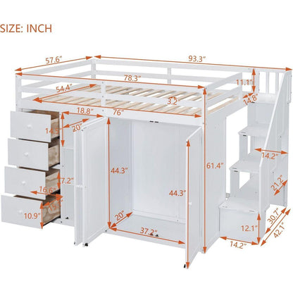 Full Size Wood Loft Bed With Built-in Wardrobes, Cabinets and Drawers, White