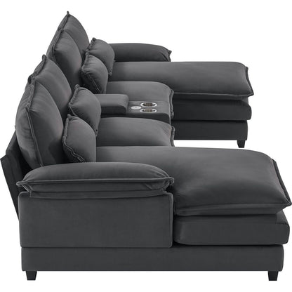 123x55" Modern U-shaped Sofa with Console,Cupholders and USB Ports,6-seat Upholstered Symmetrical Indoor Furniture,Sleeper Couch Set with Chaise for Living Room,Apartment,2 Colors