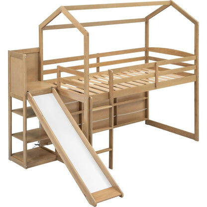 Twin Size Wood House Loft bed with Slide, Storage shelves and Light, Climbing Ramp, Wood Color