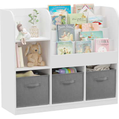 Kids Bookcase and Bookshelf, Multifunctional Bookcase with 3 Collapsible Fabric Drawers, Bookcase Display Stand, Toy Storage Organizer for Bedroom, Playroom, Hallway (White/Gray)