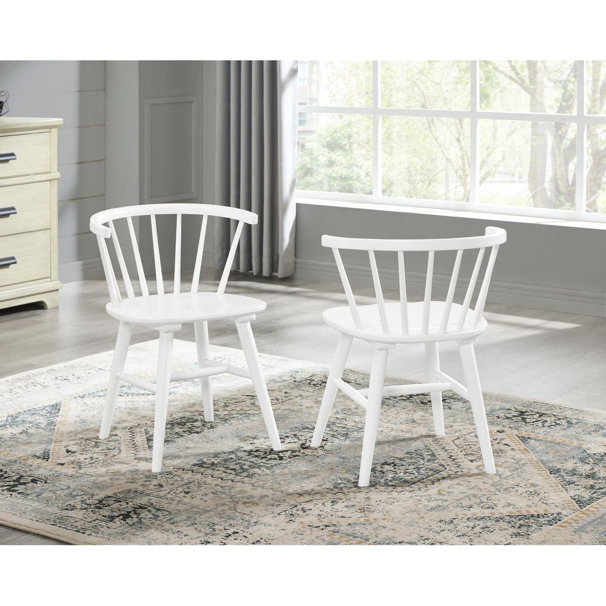 Roundhill Alwynn White and Natural Wood 5-piece Dining Set, Dining Table with 4 Windsor Chairs - Streamdale Furniture