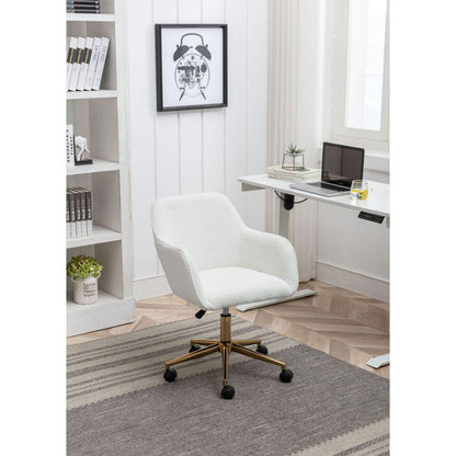 Modern Teddy Fabric Material Adjustable Height 360 Revolving Home Office Chair With Gold Metal Legs And Universal Wheel For Indoor,White