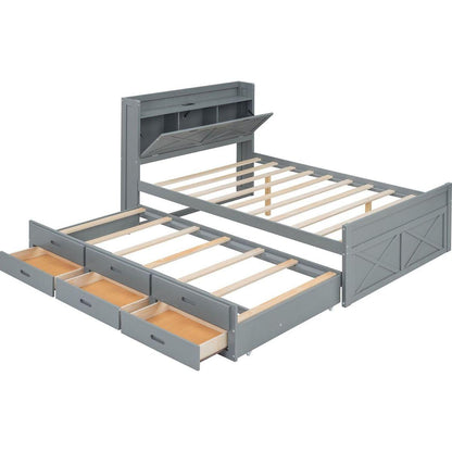 Full Size Wooden Bed with Storage Headboard with Outlets, Extendable Bed with Twin Size Trundle with Three Storage Drawers,Gray