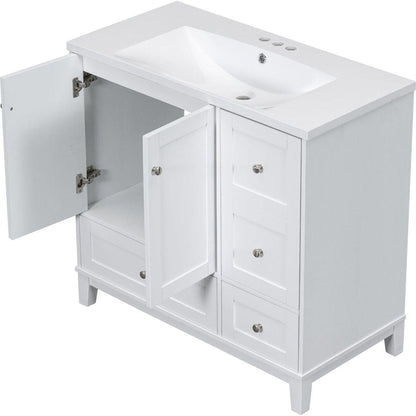 36 Inch Modern Bathroom Vanity with USB Charging, Two Doors and Three Drawers Bathroom Storage Vanity Cabinet, Small Bathroom Vanity cabinet with single sink, White & Gray Blue - Faucets Not Included