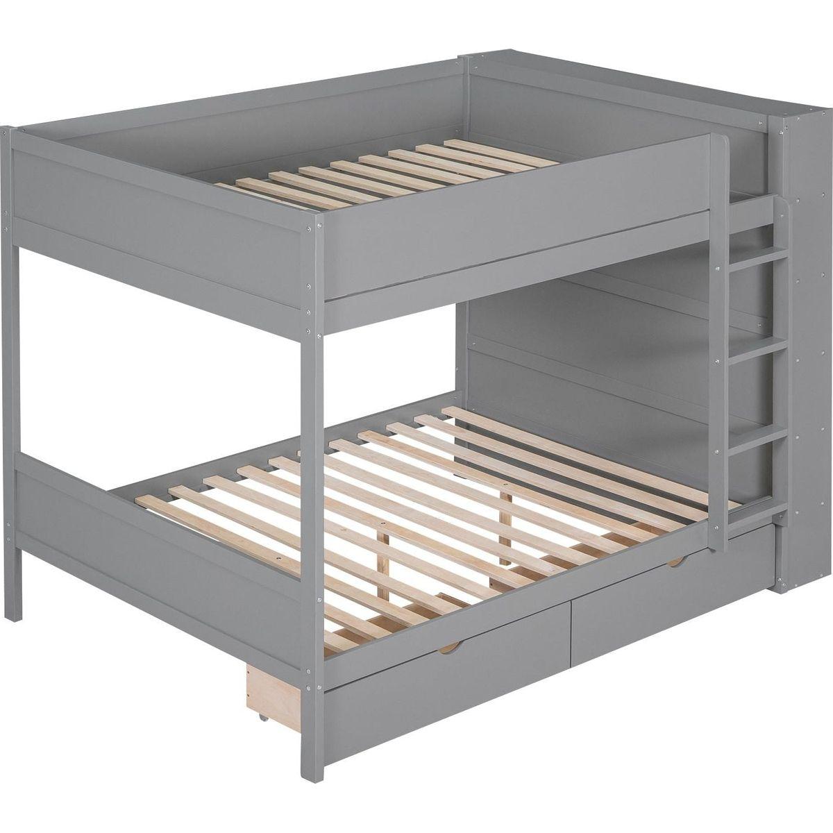 Full over Full Bunk Bed With 2 Drawers and Multi-layer Cabinet, Gray