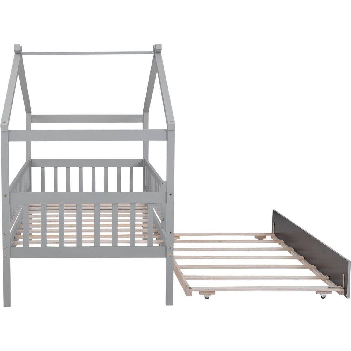 Twin Size Wooden House Bed with Twin Size Trundle, Gray