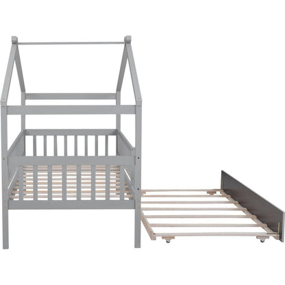 Twin Size Wooden House Bed with Twin Size Trundle, Gray