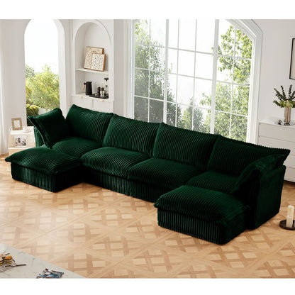 Slipcovered U Shape Sectional Wide and Deep Seat Sofa Couch, 4 Seater Sofa with French Edges Design Multiple Big Pillows, Soft Deep Seat Comfy Cloud Couch for Living Room, Apartment, Green Corduroy