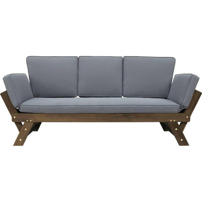 Outdoor Adjustable Patio Wooden Daybed Sofa Chaise Lounge with Cushions for Small Places, Brown Finish+Gray Cushion
