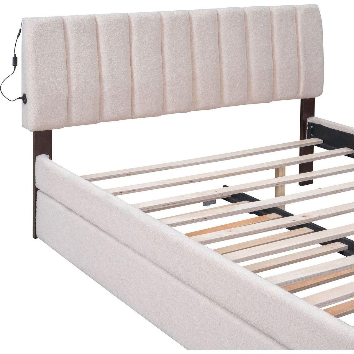 Teddy Fleece Queen Size Upholstered Platform Bed with Trundle, Beige