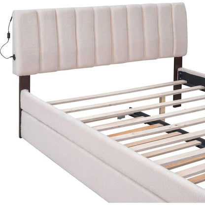 Teddy Fleece Queen Size Upholstered Platform Bed with Trundle, Beige