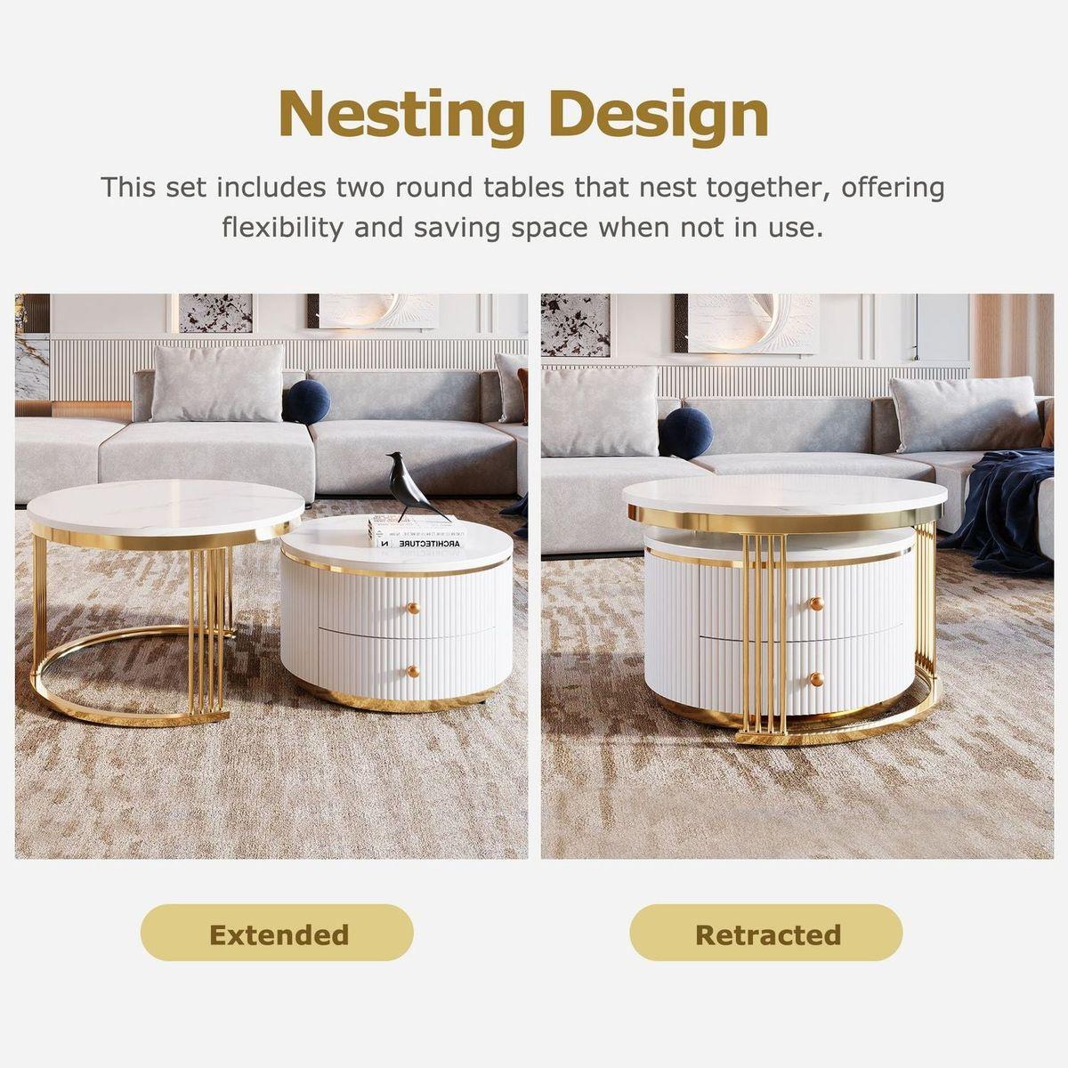 Modern 2 Pieces White Round Nesting Coffee Table with Drawers in 27.6"