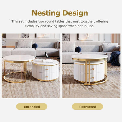 Modern 2 Pieces White Round Nesting Coffee Table with Drawers in 27.6"