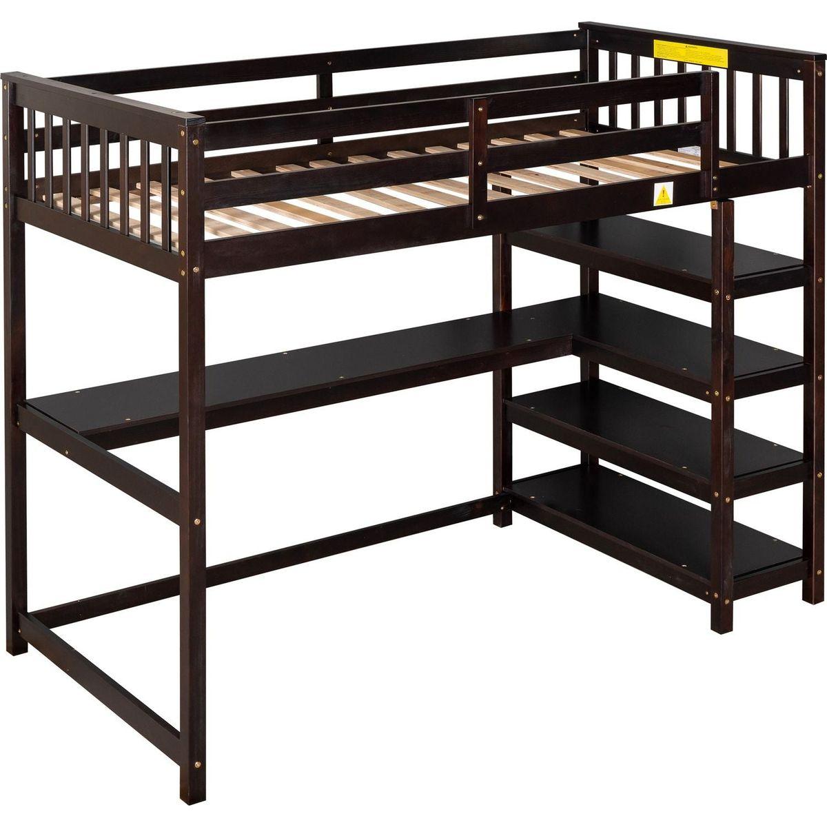 Twin Size Loft Bed with Storage Shelves and Under-bed Desk, Espresso