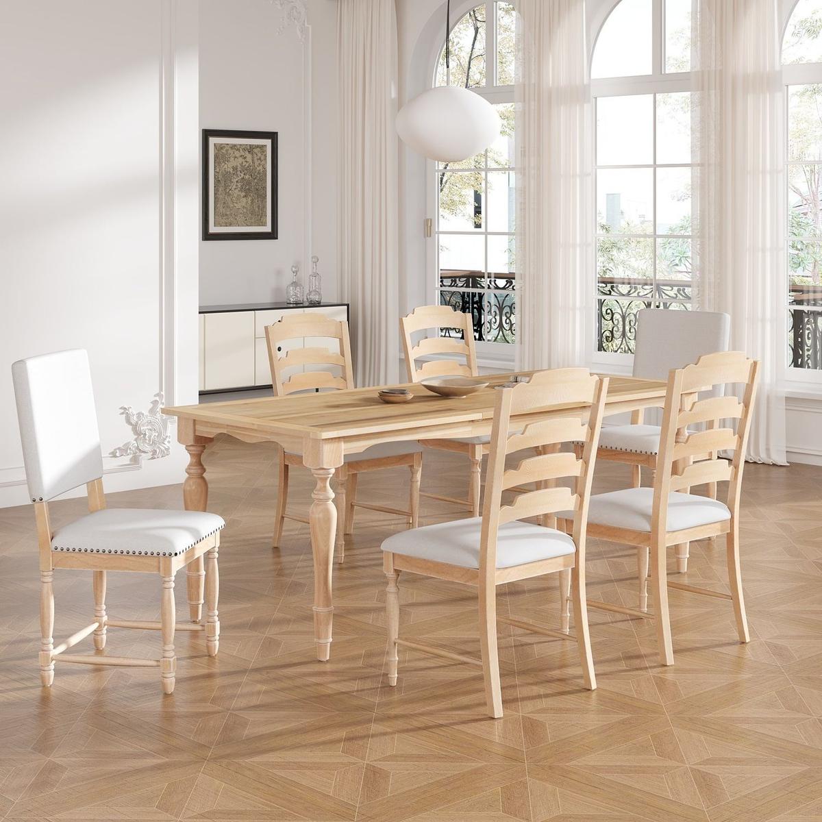 Vintage Traditional 7-Piece 82.7inch Extendable Dining Table Set with 23.6inch Removable Leaf, 4 Serrated Back Chairs and 2 Upholstered Back Dining Chairs for 6, Natural