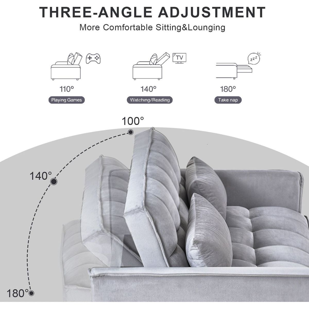3 in 1 Convertible Sleeper Sofa Bed, Modern Pull Out Couch Bed, Adjustable Backrest, Velvet Loveseat Futon Sofa with Pillows & Pockets for Living Room Apartment, Grey