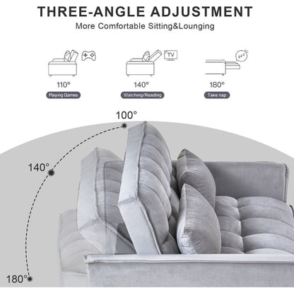 3 in 1 Convertible Sleeper Sofa Bed, Modern Pull Out Couch Bed, Adjustable Backrest, Velvet Loveseat Futon Sofa with Pillows & Pockets for Living Room Apartment, Grey