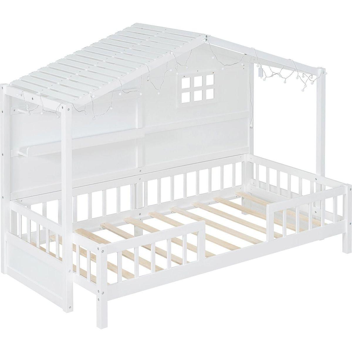 Twin Size House Bed with Shelves, House Bed with Window and Sparkling Light Strip on the Roof, White