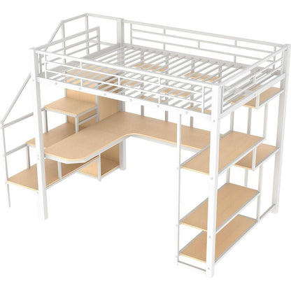 Full Size Metal Loft Bed with Storage Staircase and Small Wardrobe, Built-in Desk and Storage Shelves, White