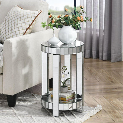 Mirror round table with crystal inlay, 2-layer modern small sofa table with storage space, silver decorative table suitable for living room, bedroom, coffee and small spaces